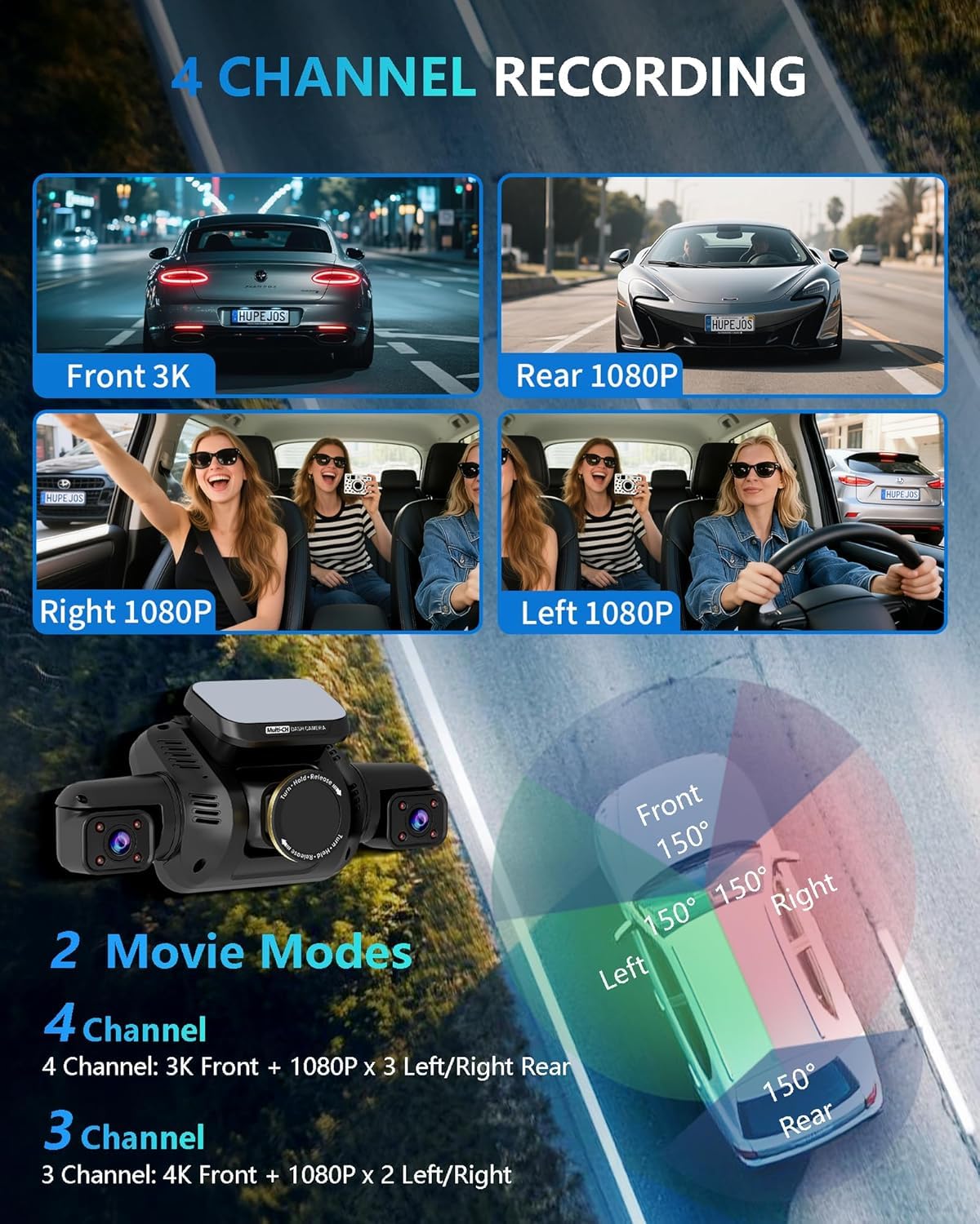 AI 4K Dash Cam Front Rear Inside with Driver Monitoring 4-Channel WiFi GPS Night Vision Parking Mode