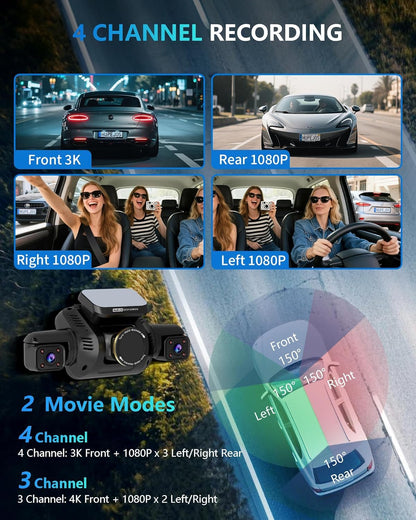 AI 4K Dash Cam Front Rear Inside with Driver Monitoring 4-Channel WiFi GPS Night Vision Parking Mode