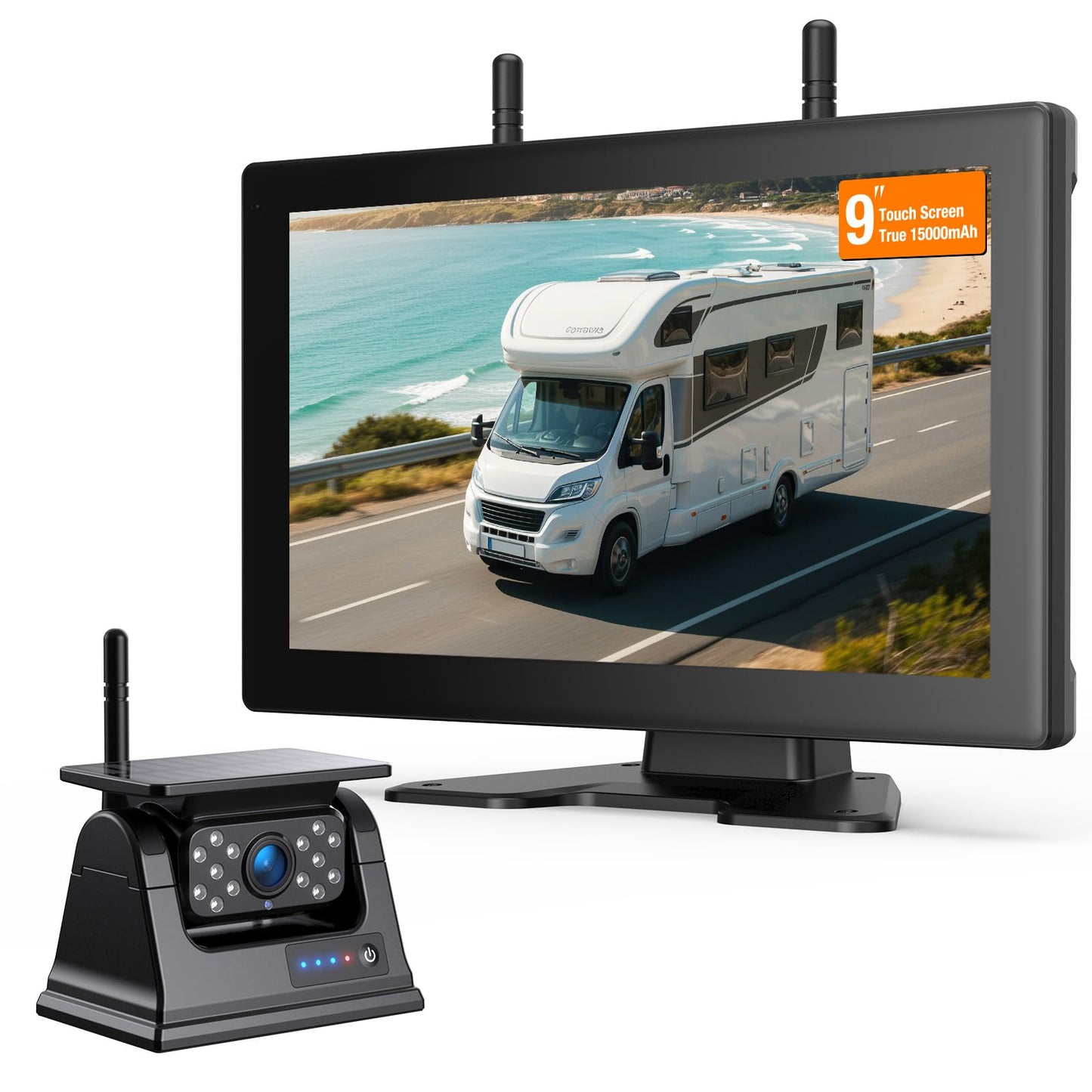 Solar Wireless Backup Camera System with 7" Monitor 4CH DVR 15000mAh Battery Loop Recording HD Night Vision No-Wiring Install