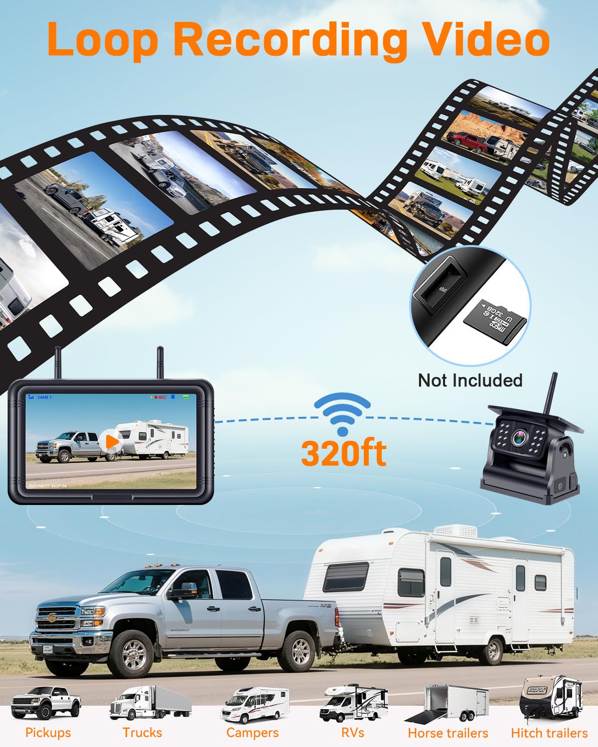 7" Wireless Solar Magnetic Backup Camera System for RV Truck Trailer HD Night Vision Easy Install
