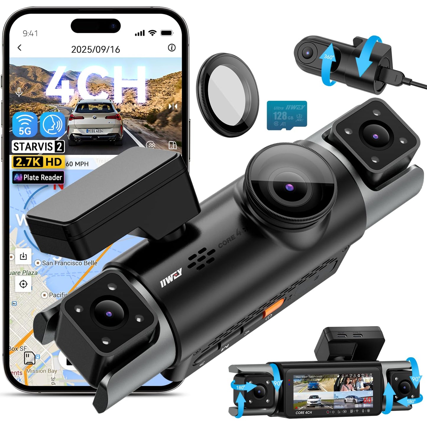 4K STARVIS 2 360° AI Dash Cam Front & Rear with Driver Monitor, GPS WiFi