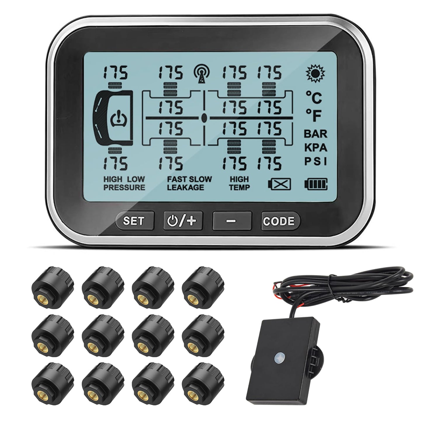 RV TPMS Trailer Tire Pressure Monitoring System with 4–14 Sensors Real-Time Pressure and Temperature Display Solar Monitor