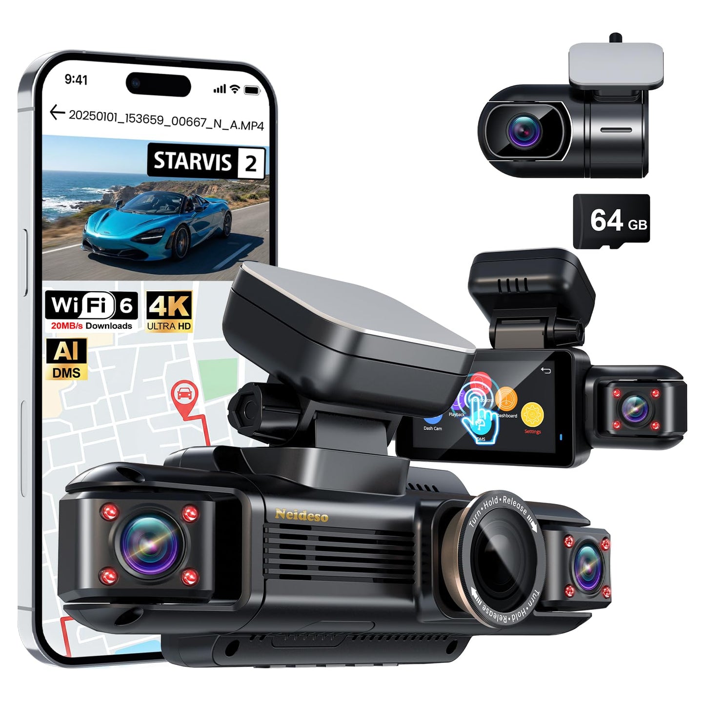 N300Pro 4K 4 Channel Dash Cam Front and Rear, STARVIS 2 Sensor, 3" Touch Screen, 5.8GHz WiFi GPS, 360° Car Dash Camera, AI Driver Monitor System, Free 64GB Card, WDR Night Vision HDR, 24H Parking Mode