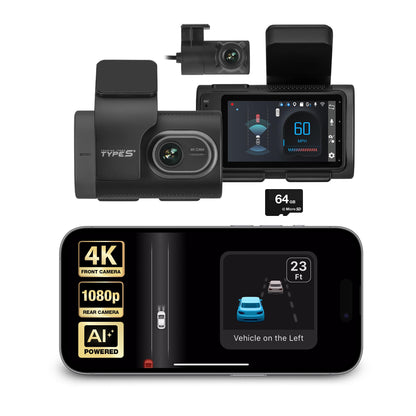 Type S AI Driver Assistance Dash Cam Powered by ADAS, 1440p, Collision Alerts, Lane and Pedestrian Detection, Vehicle Departure Reminders, Front Rear 2 Channel Smart 24/7 Video Surveillance