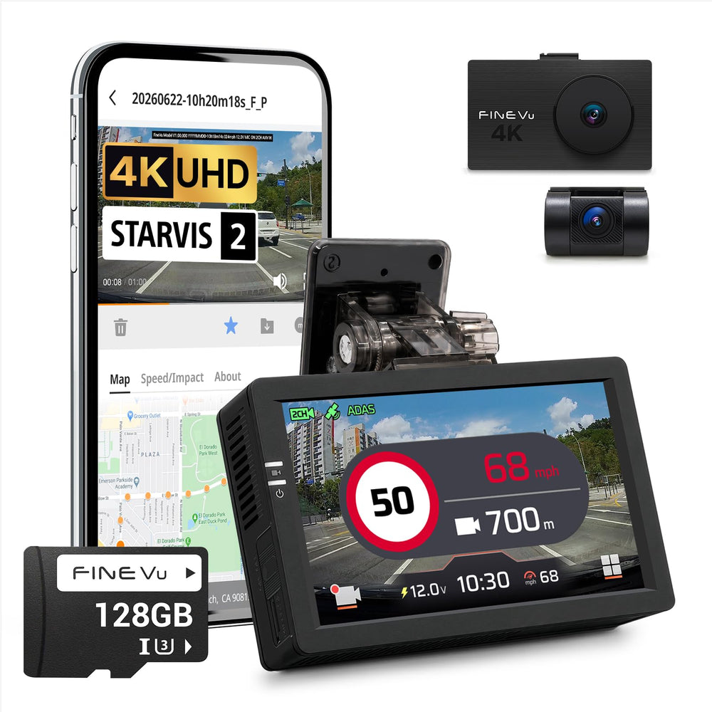 FineVu LX4K 4K Dash Cam Front and Rear, STARVIS 2, 128GB SD Card Included, Speed Camera Alerts, 3.5” IPS Touch Screen, ADAS Plus, Auto Super Night Vision, 4K 2160P/FHD Dual Dash Camera for Cars