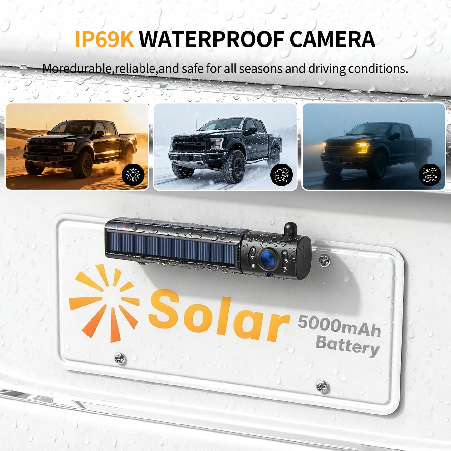 Solar Wireless Backup Camera 5" HD 1080P Monitor 2-Channel Night Vision License Plate System with Battery Easy Install for Truck Pickup