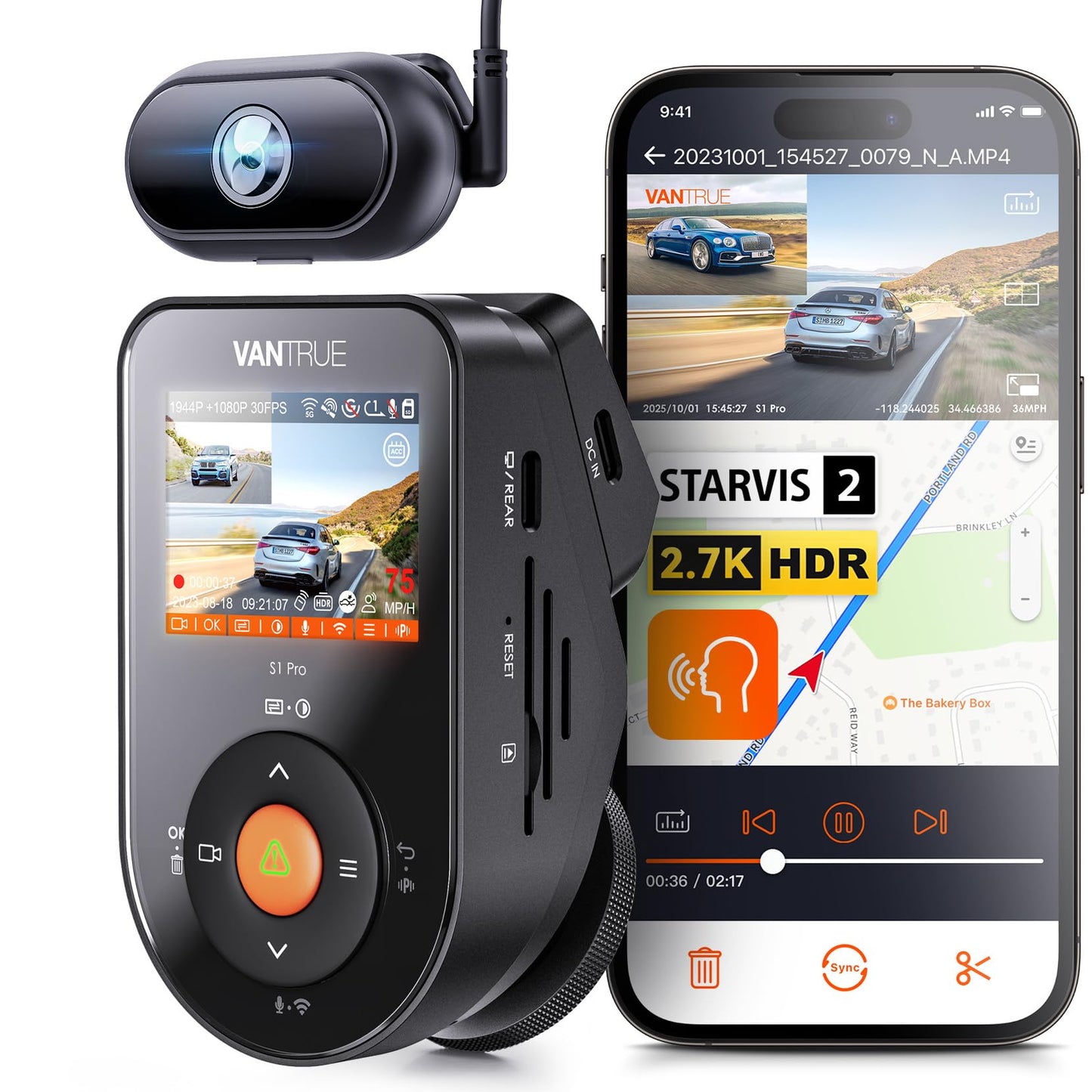 Vantrue S1 Pro Dash Cam STARVIS 2, Dash Camera for Cars, ADAS, App Control, Built-in WiFi GPS, G-Sensor, Loop Recording, Night Vision, 24H Parking Mode, 158°, 2" IPS