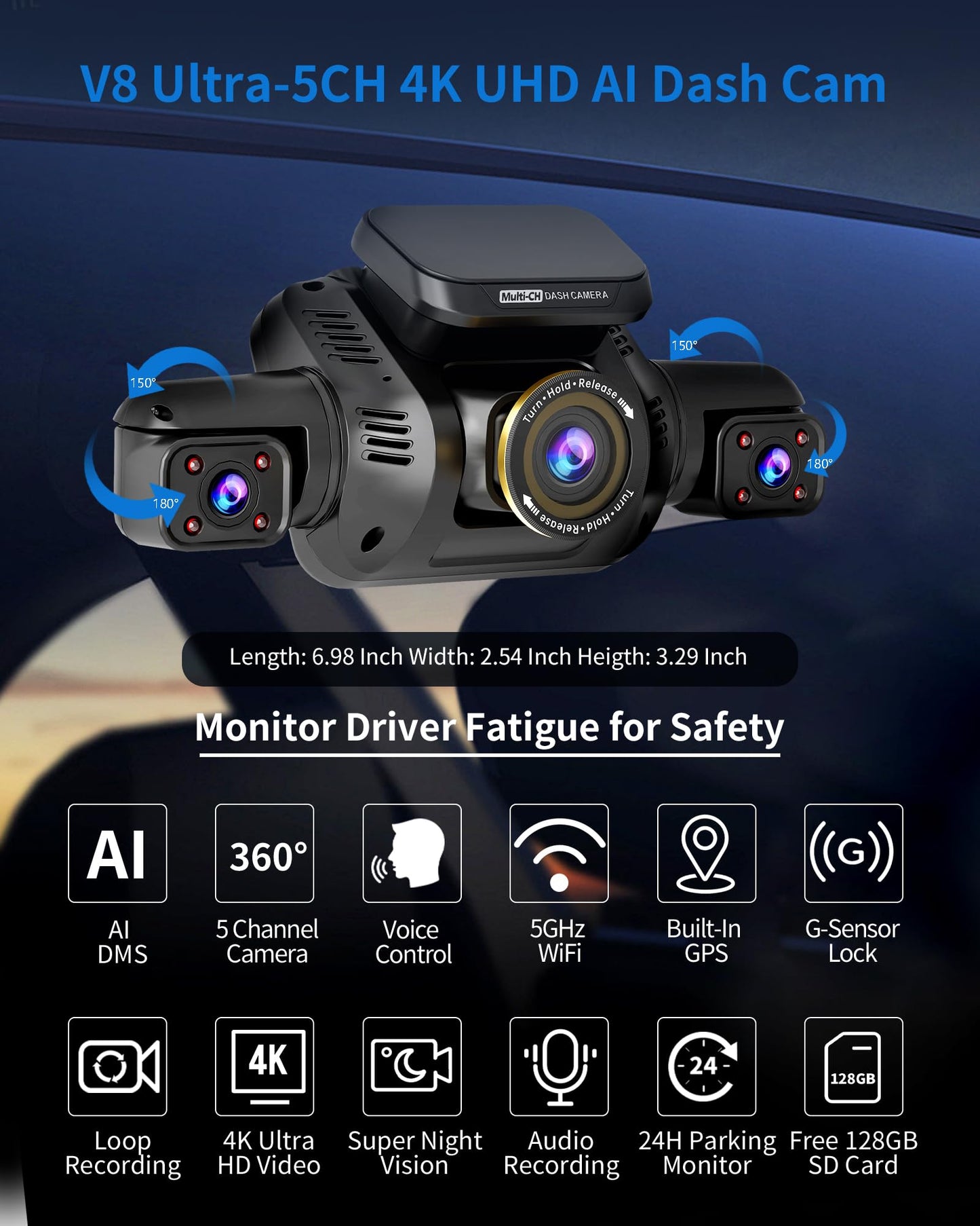 5-Channel 4K AI Dash Cam with 360° View Front Rear Driver Monitor GPS WiFi Night Vision Parking Mode