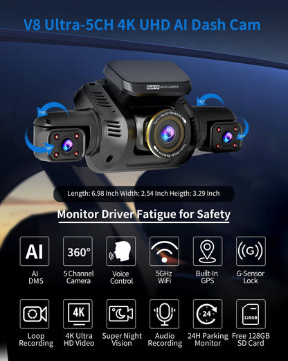 5-Channel 4K AI Dash Cam with 360° View Front Rear Driver Monitor GPS WiFi Night Vision Parking Mode