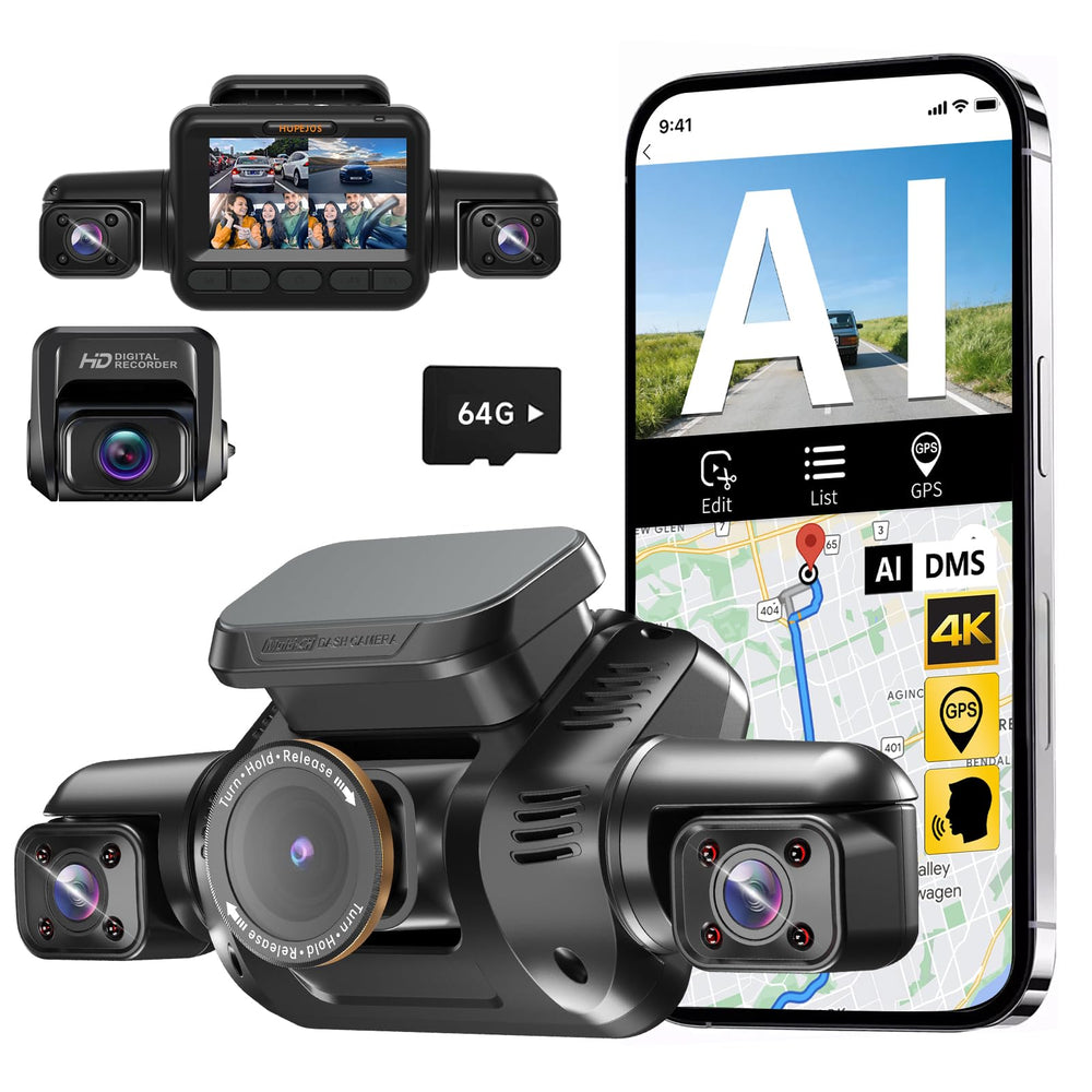 AI 4K Dash Cam Front Rear Inside with Driver Monitoring 4-Channel WiFi GPS Night Vision Parking Mode