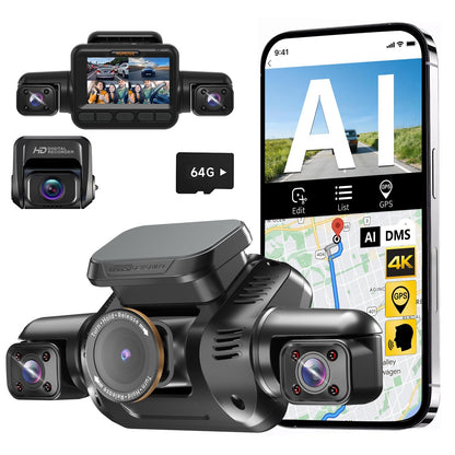 AI 4K Dash Cam Front Rear Inside with Driver Monitoring 4-Channel WiFi GPS Night Vision Parking Mode