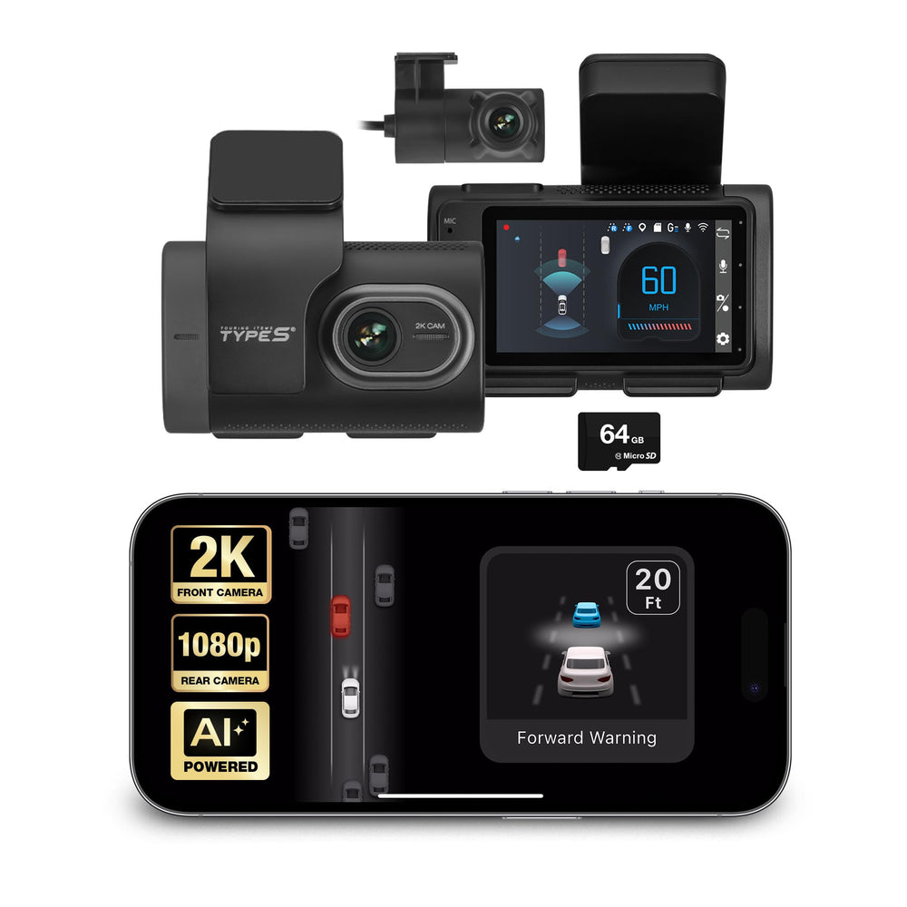 Type S AI Driver Assistance Dash Cam Powered by ADAS, 1440p, Collision Alerts, Lane and Pedestrian Detection, Vehicle Departure Reminders, Front Rear 2 Channel Smart 24/7 Video Surveillance