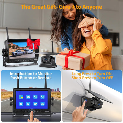 Solar Wireless Backup Camera System with 7" Monitor 4CH DVR 15000mAh Battery Loop Recording HD Night Vision No-Wiring Install