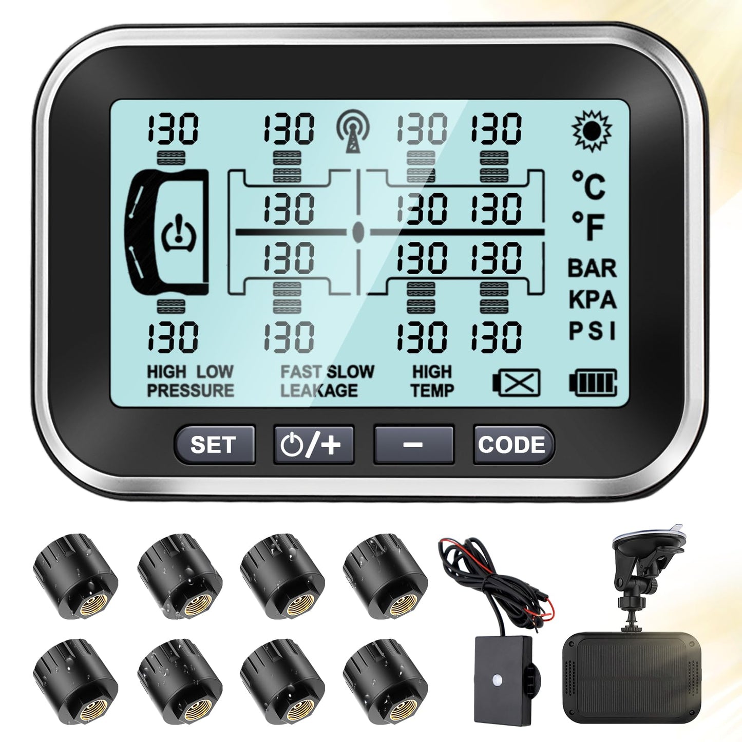 RV TPMS Trailer Tire Pressure Monitoring System with 4–14 Sensors Real-Time Pressure and Temperature Display Solar Monitor