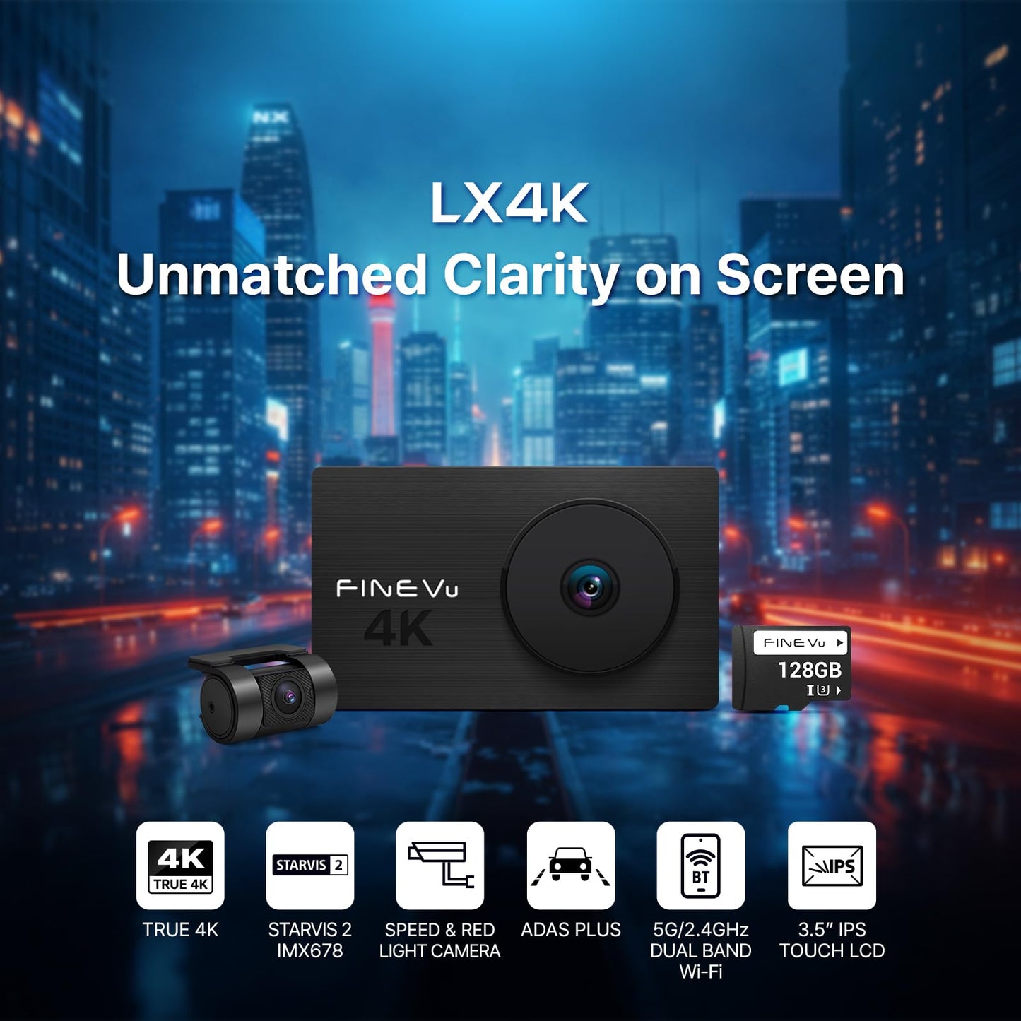 FineVu LX4K 4K Dash Cam Front and Rear, STARVIS 2, 128GB SD Card Included, Speed Camera Alerts, 3.5” IPS Touch Screen, ADAS Plus, Auto Super Night Vision, 4K 2160P/FHD Dual Dash Camera for Cars