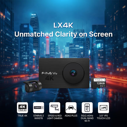 FineVu LX4K 4K Dash Cam Front and Rear, STARVIS 2, 128GB SD Card Included, Speed Camera Alerts, 3.5” IPS Touch Screen, ADAS Plus, Auto Super Night Vision, 4K 2160P/FHD Dual Dash Camera for Cars