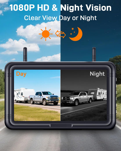 7" Wireless Solar Magnetic Backup Camera System for RV Truck Trailer HD Night Vision Easy Install