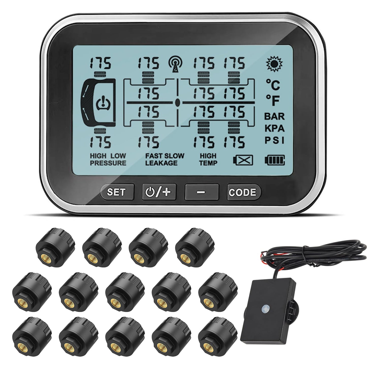 RV TPMS Trailer Tire Pressure Monitoring System with 4–14 Sensors Real-Time Pressure and Temperature Display Solar Monitor