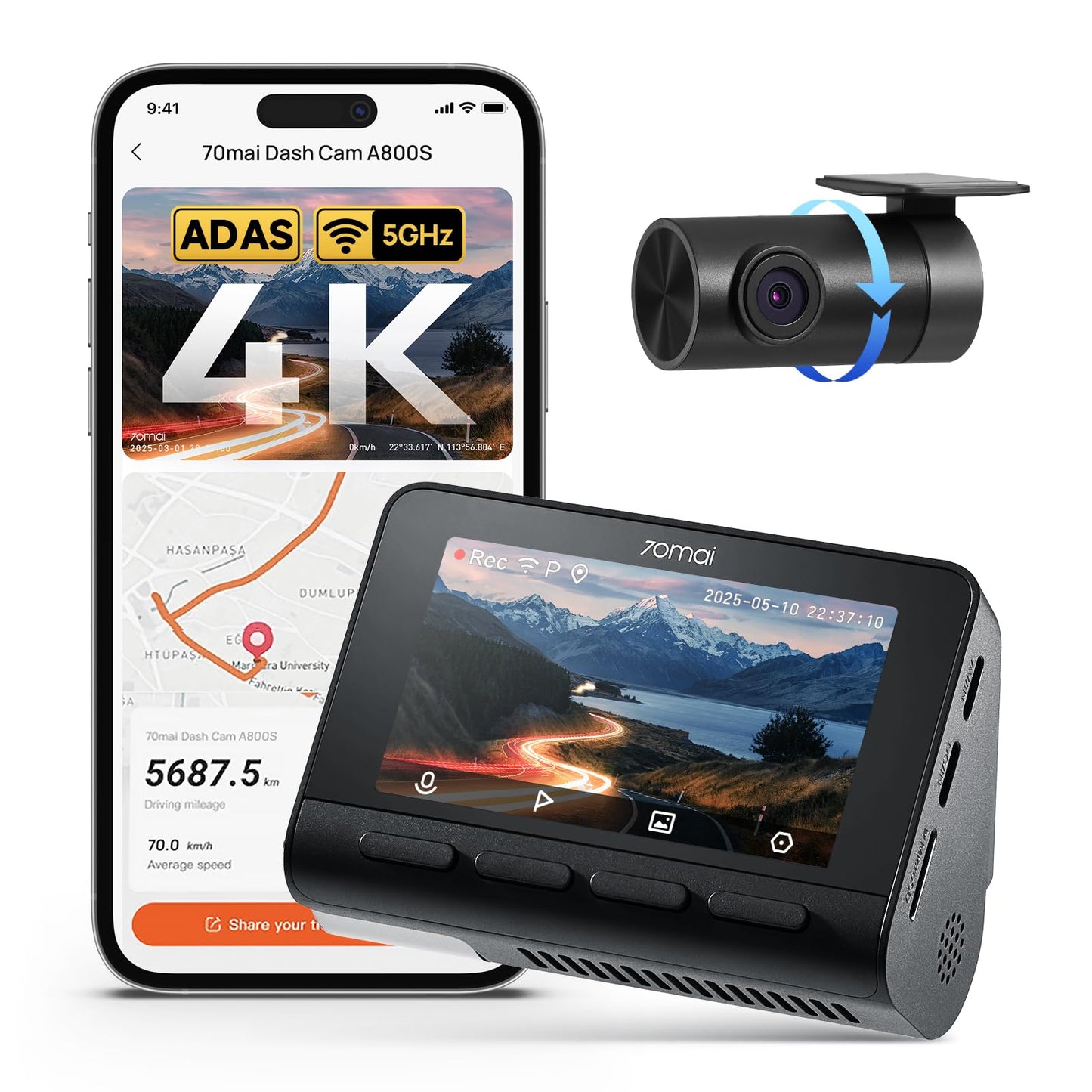 4K AI Dash Cam Front & Rear with Sony Sensor GPS ADAS Night Vision Parking Mode