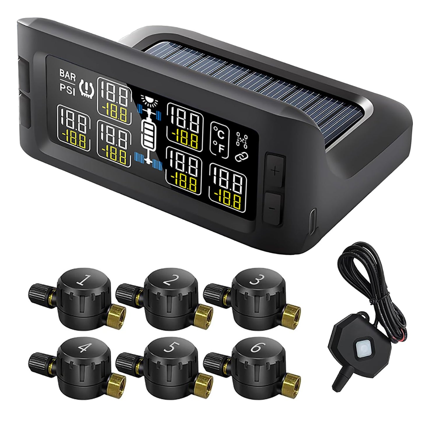 Trailer RV TPMS Solar Tire Pressure Monitoring System with 6 Sensors Signal Repeater Real-Time Display Pressure Temperature Alerts