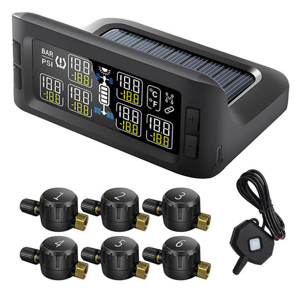Trailer RV TPMS Solar Tire Pressure Monitoring System with 6 Sensors Signal Repeater Real-Time Display Pressure Temperature Alerts