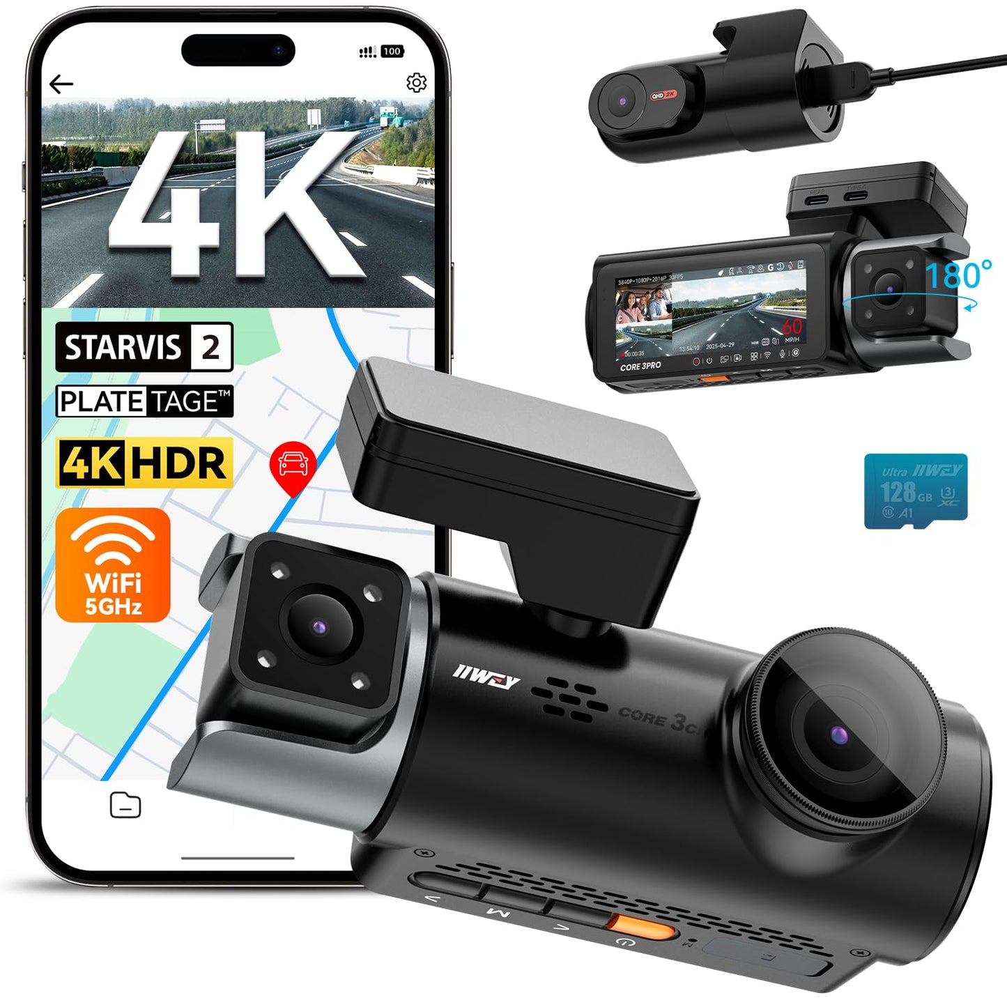 4K STARVIS 2 360° AI Dash Cam Front & Rear with Driver Monitor, GPS WiFi