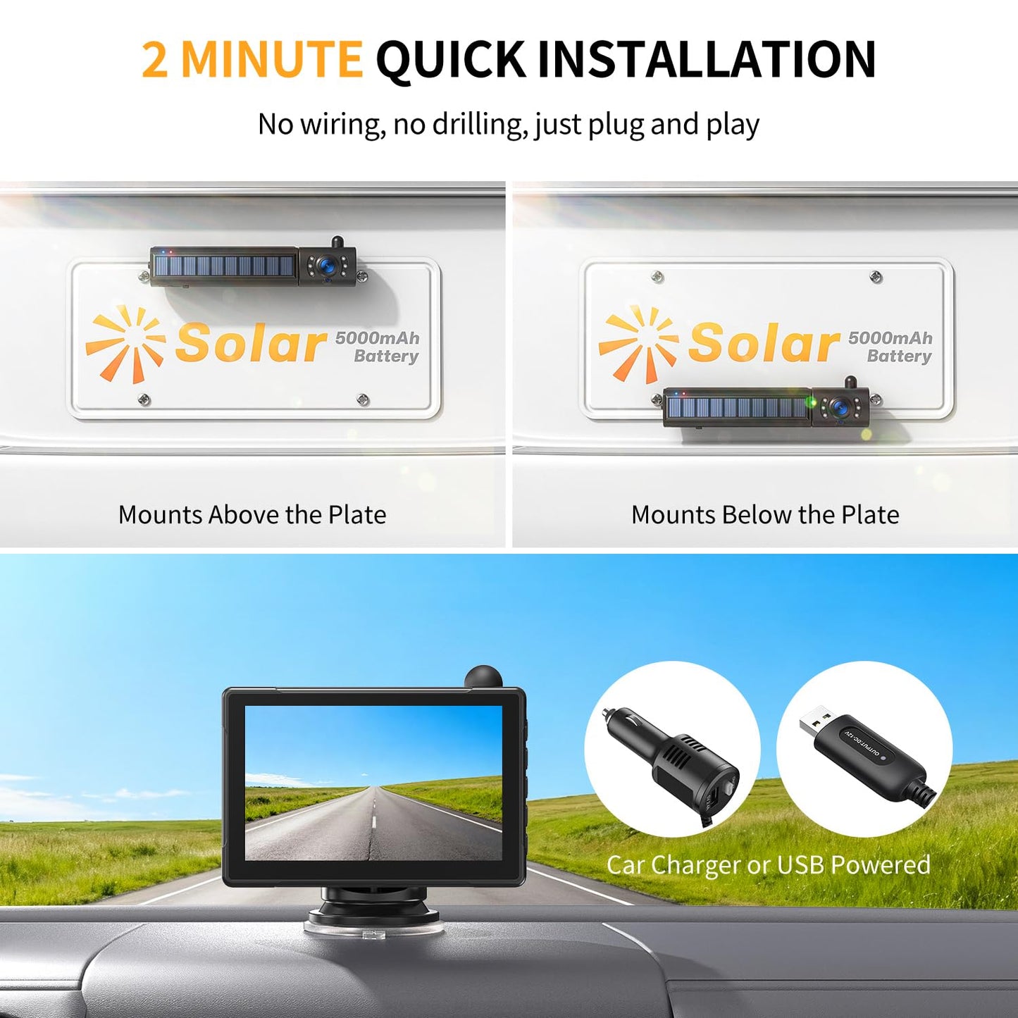Solar Wireless Backup Camera 5" HD 1080P Monitor 2-Channel Night Vision License Plate System with Battery Easy Install for Truck Pickup