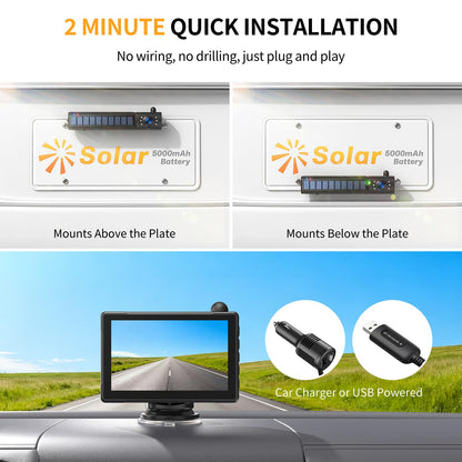 Solar Wireless Backup Camera 5" HD 1080P Monitor 2-Channel Night Vision License Plate System with Battery Easy Install for Truck Pickup