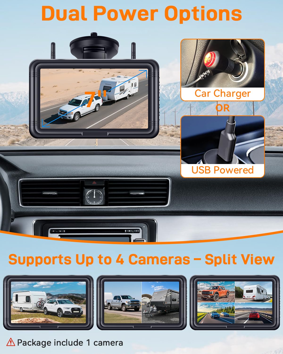 7" Wireless Solar Magnetic Backup Camera System for RV Truck Trailer HD Night Vision Easy Install
