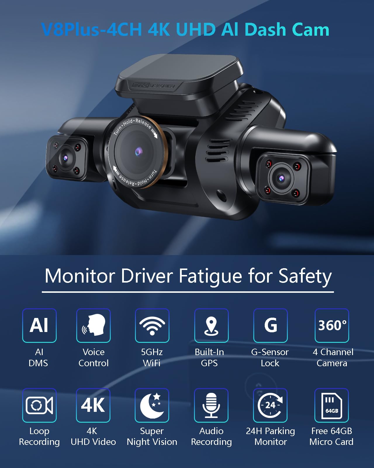 AI 4K Dash Cam Front Rear Inside with Driver Monitoring 4-Channel WiFi GPS Night Vision Parking Mode