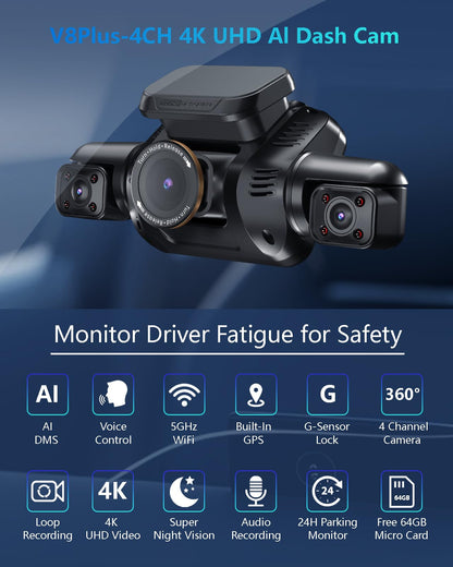 AI 4K Dash Cam Front Rear Inside with Driver Monitoring 4-Channel WiFi GPS Night Vision Parking Mode