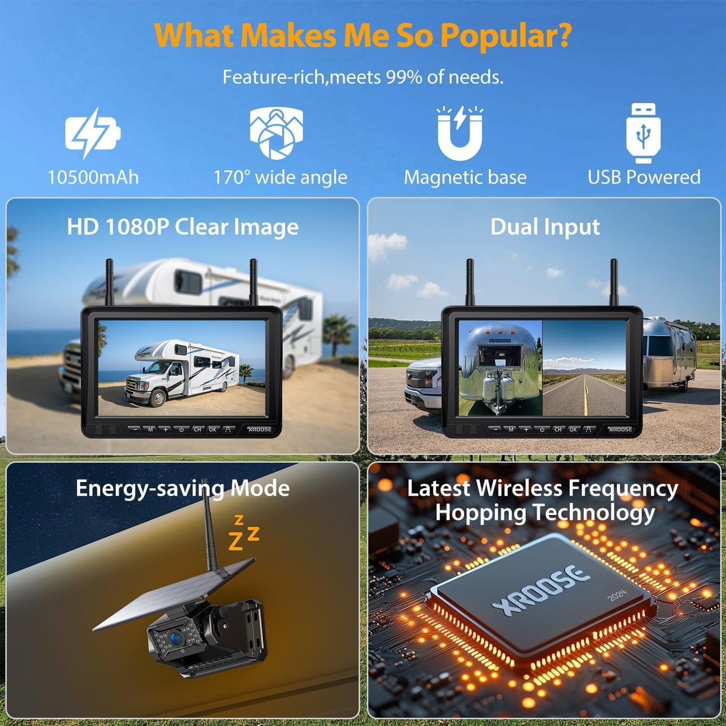 Solar Wireless Backup Camera System with 7" Monitor 4CH DVR 15000mAh Battery Loop Recording HD Night Vision No-Wiring Install