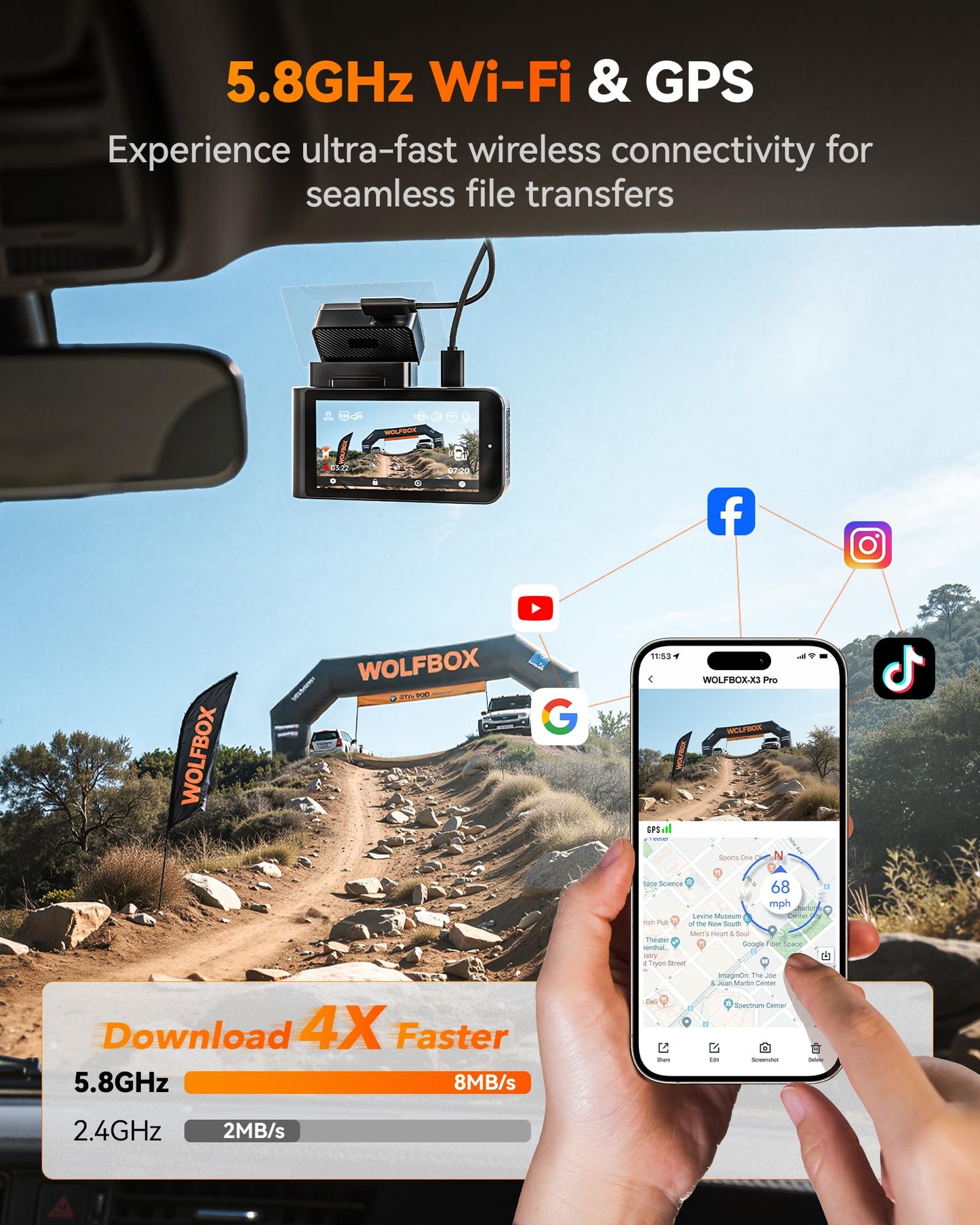 AI Dash Cam Front & Rear with STARVIS 2, ADAS, GPS WiFi Voice Control Touch Screen