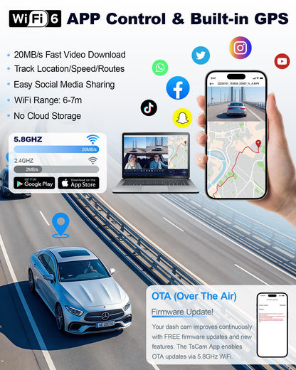 N300Pro 4K 4 Channel Dash Cam Front and Rear, STARVIS 2 Sensor, 3" Touch Screen, 5.8GHz WiFi GPS, 360° Car Dash Camera, AI Driver Monitor System, Free 64GB Card, WDR Night Vision HDR, 24H Parking Mode