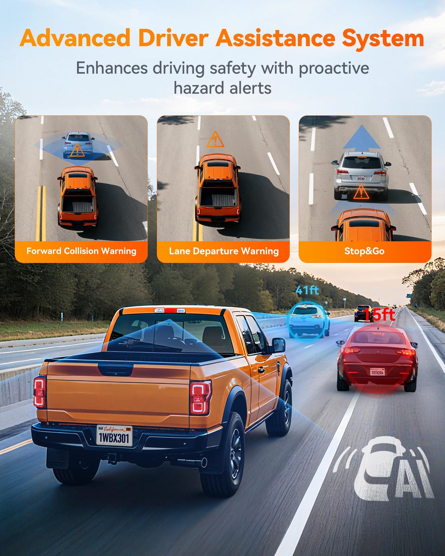 AI Dash Cam Front & Rear with STARVIS 2, ADAS, GPS WiFi Voice Control Touch Screen