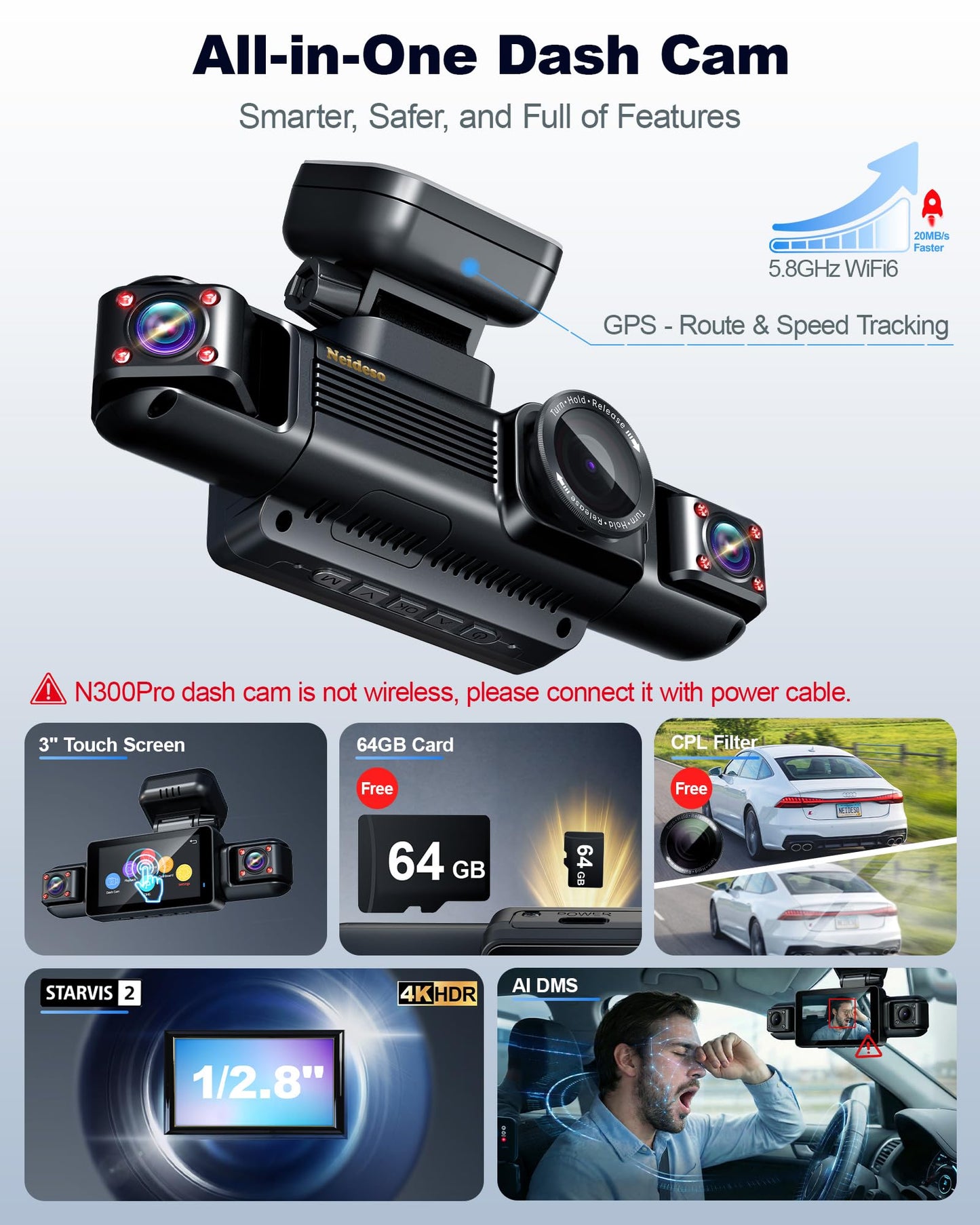 N300Pro 4K 4 Channel Dash Cam Front and Rear, STARVIS 2 Sensor, 3" Touch Screen, 5.8GHz WiFi GPS, 360° Car Dash Camera, AI Driver Monitor System, Free 64GB Card, WDR Night Vision HDR, 24H Parking Mode