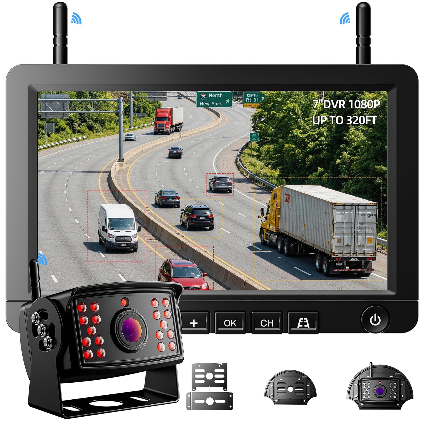 Solar Wireless Backup Camera System with 7" Monitor 4CH DVR 15000mAh Battery Loop Recording HD Night Vision No-Wiring Install