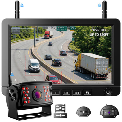 Solar Wireless Backup Camera System with 7" Monitor 4CH DVR 15000mAh Battery Loop Recording HD Night Vision No-Wiring Install