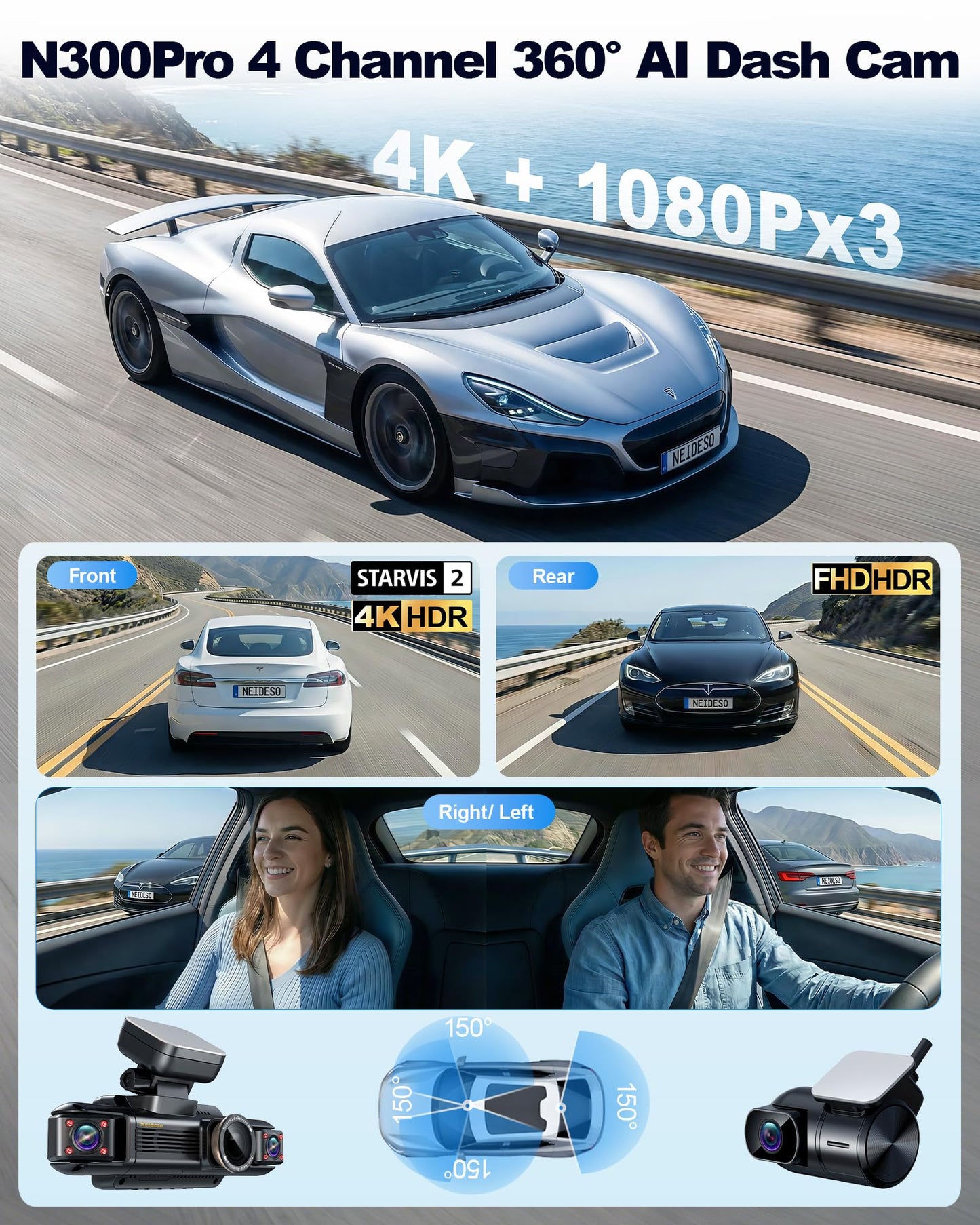 4K STARVIS 2 AI Dash Cam Front & Rear 4-Channel with Driver Monitor GPS WiFi Night Vision Parking Mode Touch Screen