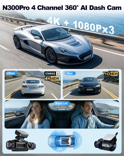 4K STARVIS 2 AI Dash Cam Front & Rear 4-Channel with Driver Monitor GPS WiFi Night Vision Parking Mode Touch Screen