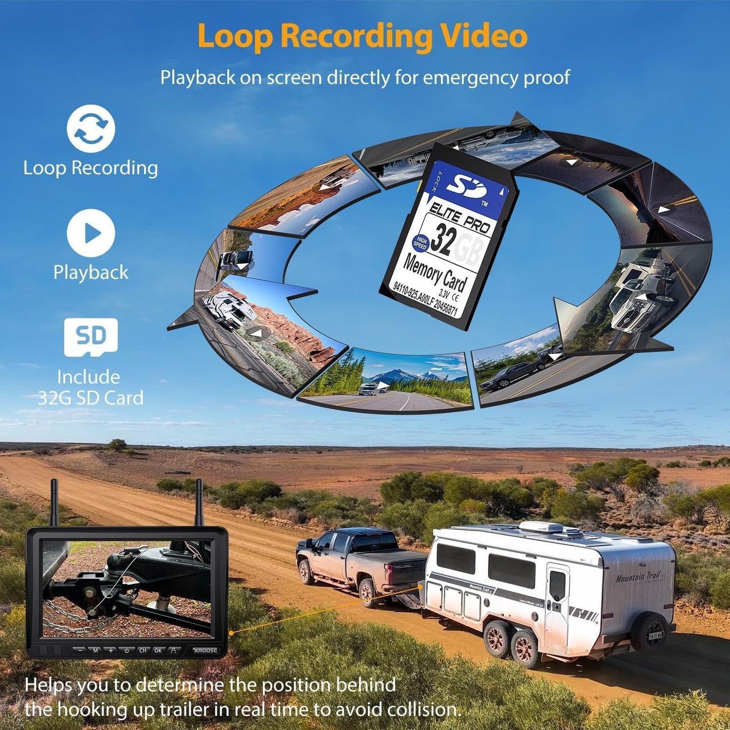 Solar Wireless Backup Camera System with 7" Monitor 4CH DVR 15000mAh Battery Loop Recording HD Night Vision No-Wiring Install