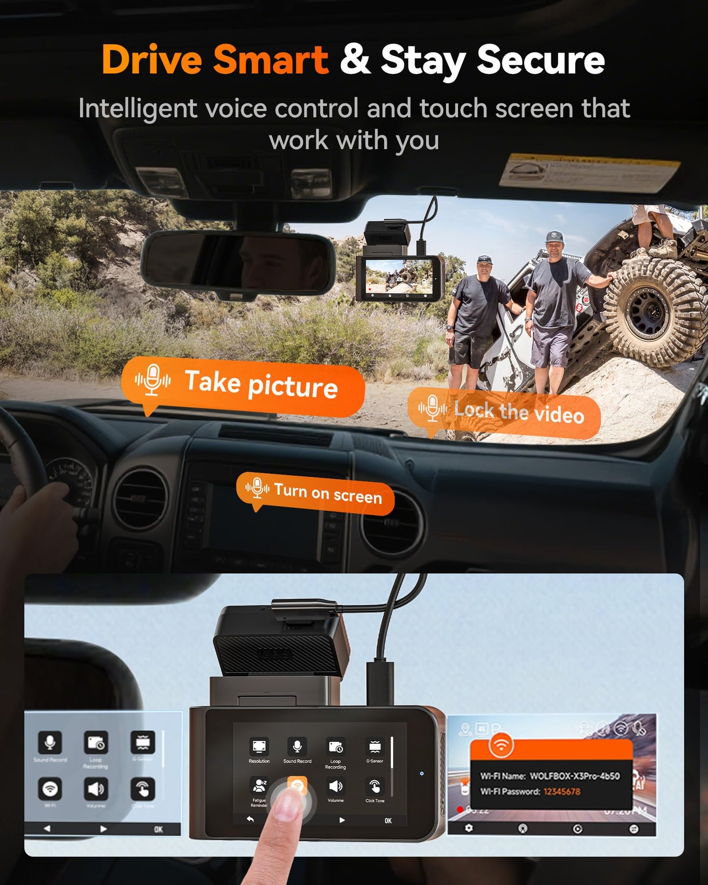 AI Dash Cam Front & Rear with STARVIS 2, ADAS, GPS WiFi Voice Control Touch Screen