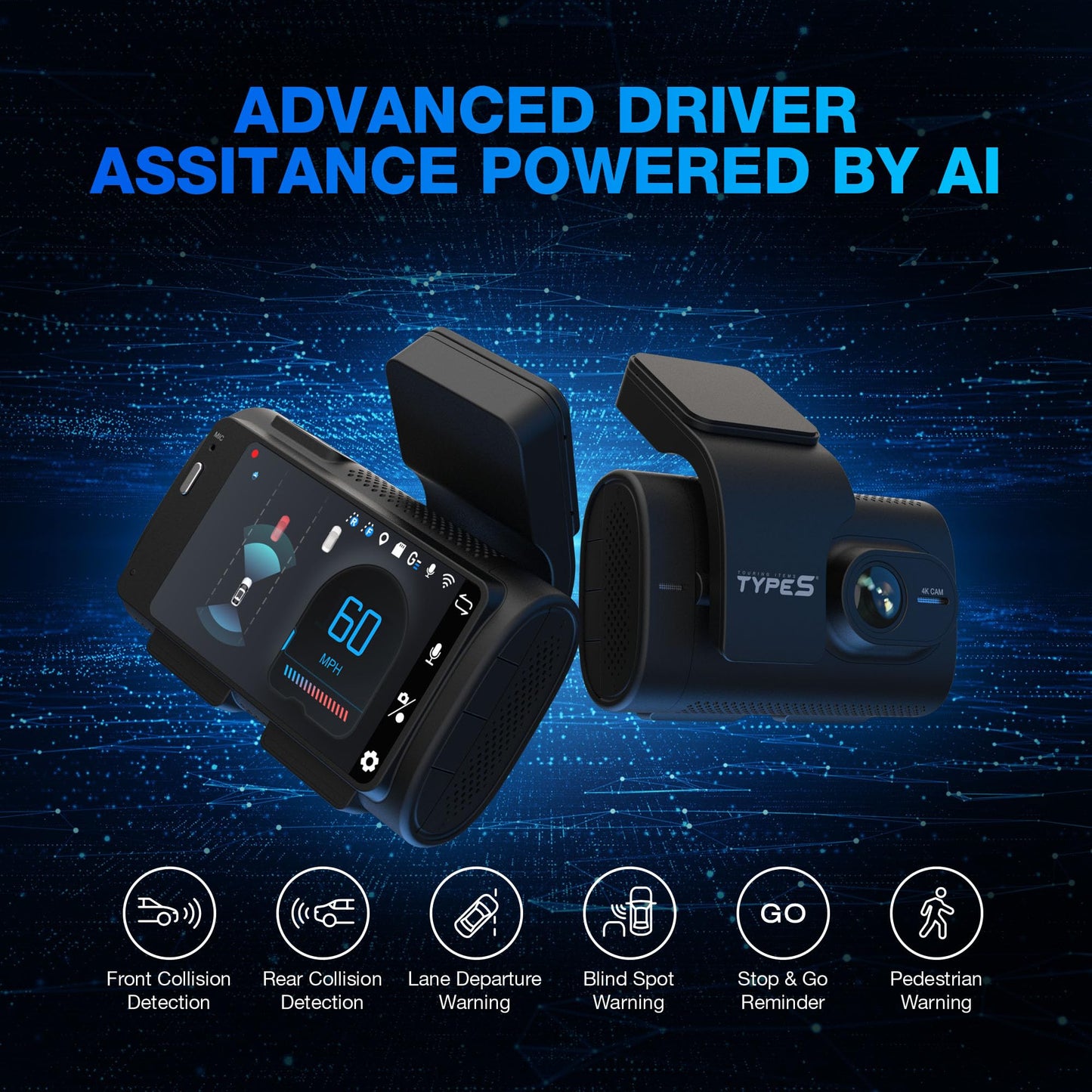 Type S AI Driver Assistance Dash Cam Powered by ADAS, 1440p, Collision Alerts, Lane and Pedestrian Detection, Vehicle Departure Reminders, Front Rear 2 Channel Smart 24/7 Video Surveillance