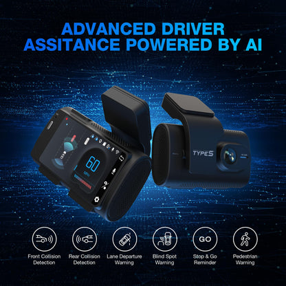 Type S AI Driver Assistance Dash Cam Powered by ADAS, 1440p, Collision Alerts, Lane and Pedestrian Detection, Vehicle Departure Reminders, Front Rear 2 Channel Smart 24/7 Video Surveillance