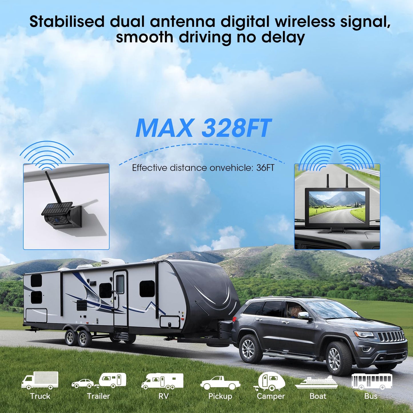 10.1" Magnetic Solar Wireless Backup Camera System for Truck RV No-Drill Installation HD Monitor