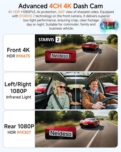 4K STARVIS 2 Dash Cam Front and Rear, 360° 4 Channel Dash Camera for Cars, Car Video Recorder with AI Driver Monitor System, Free 128GB Card, 5GHz WiFi GPS, WDR Night Vision HDR,24H Parking Mode(N900)
