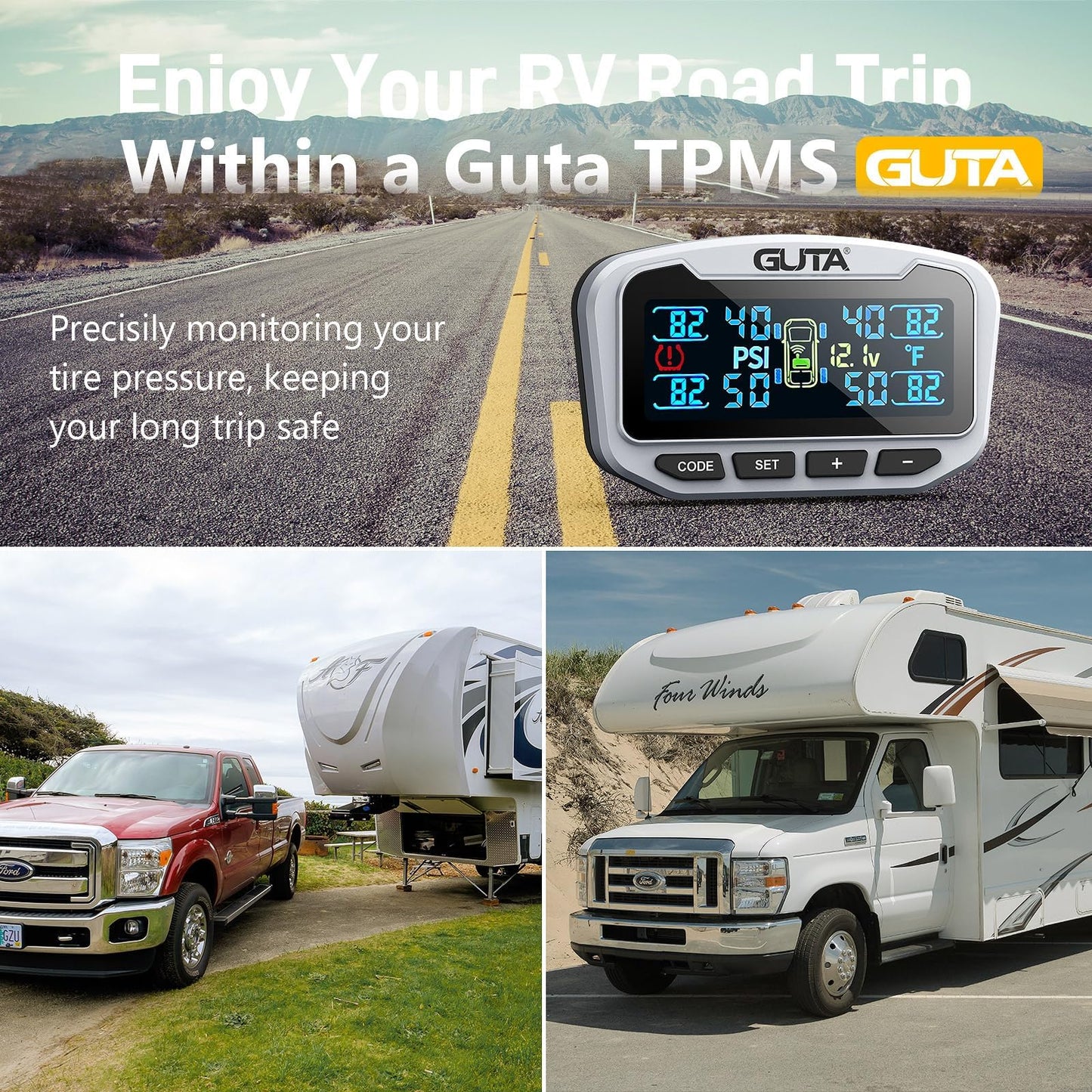 Trailer Tire Pressure Monitoring System GT50 Real-Time Pressure and Temperature Display for RV and Truck Safety
