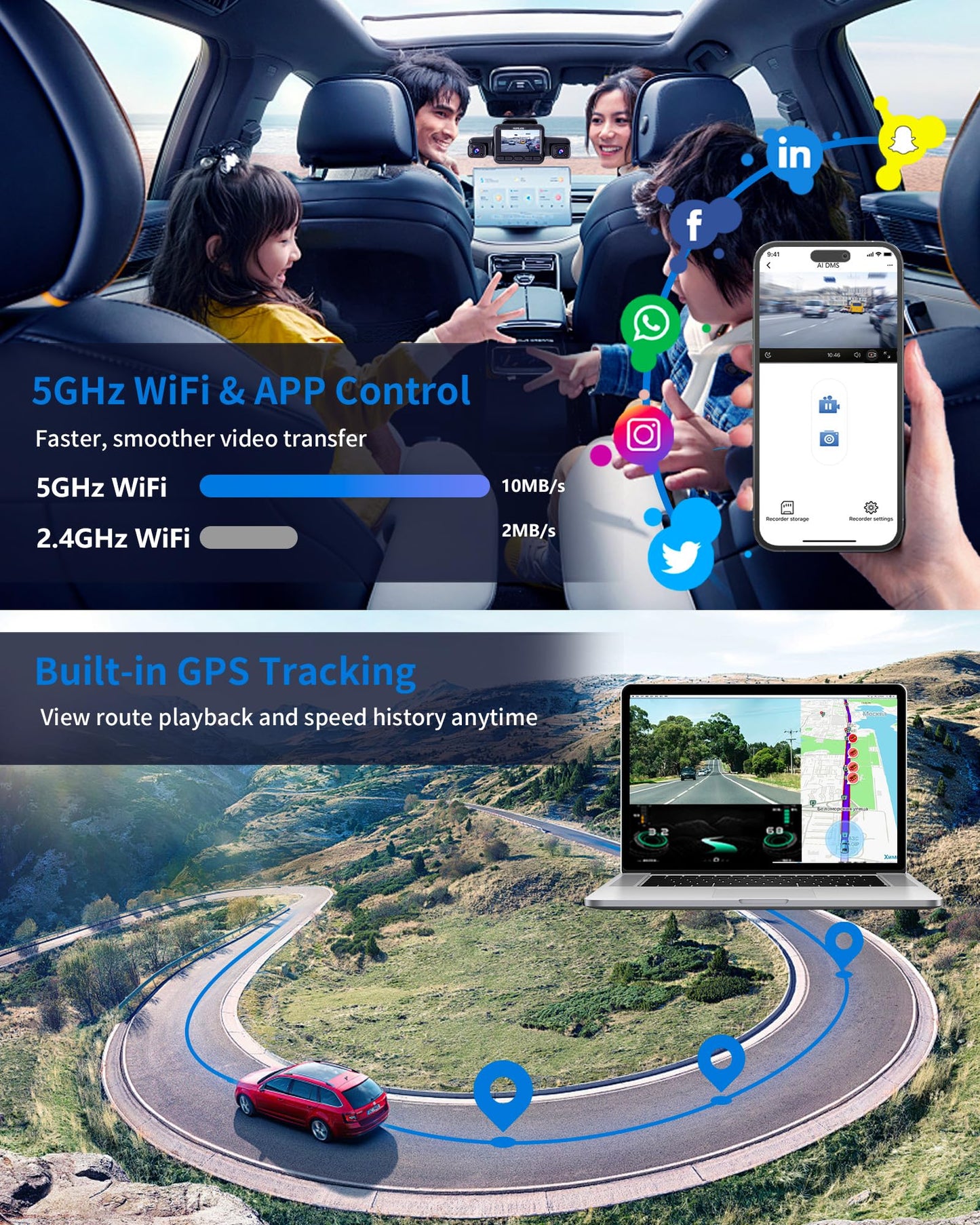 5-Channel 4K AI Dash Cam with 360° View Front Rear Driver Monitor GPS WiFi Night Vision Parking Mode